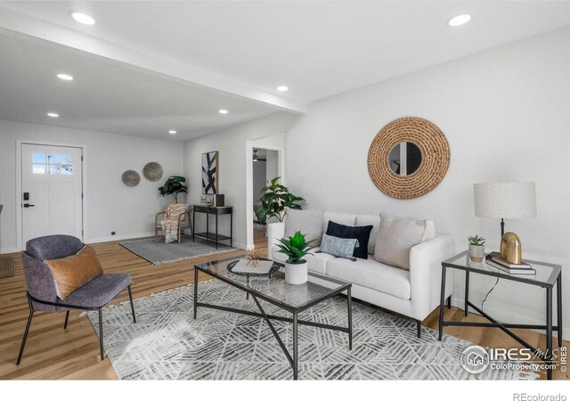 living room with recessed lighting, baseboards, and wood finished floors