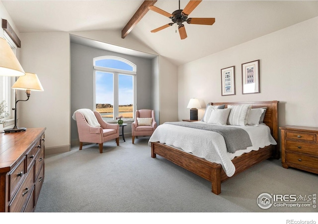 bedroom featuring baseboards, a ceiling fan, vaulted ceiling with beams, and carpet flooring