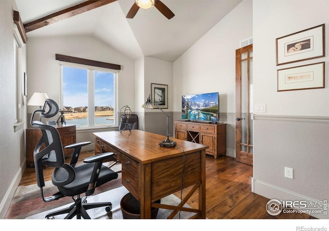 office area with visible vents, baseboards, lofted ceiling with beams, dark wood-style floors, and a ceiling fan