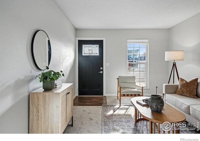 foyer entrance with baseboards and a textured ceiling