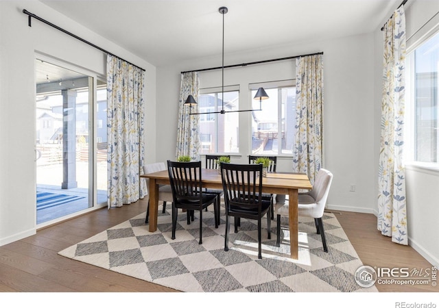 dining space featuring wood finished floors, a healthy amount of sunlight, and baseboards