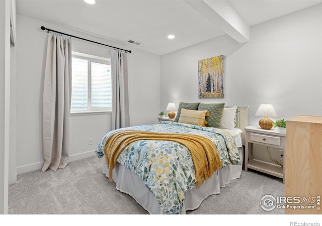 bedroom with visible vents, beam ceiling, recessed lighting, carpet, and baseboards