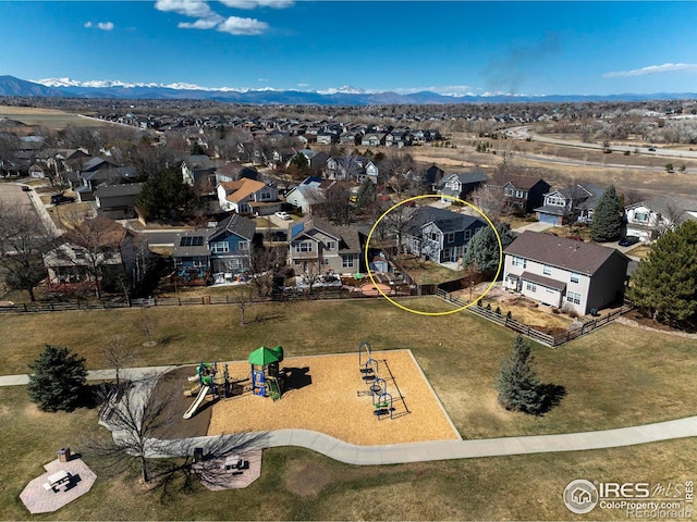 birds eye view of property with a mountain view and a residential view