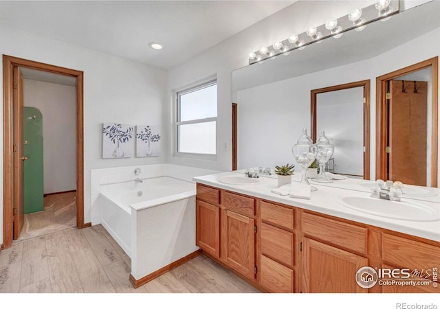 bathroom with a sink, wood finished floors, a bath, and double vanity