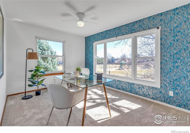 carpeted home office featuring wallpapered walls, a ceiling fan, and baseboards