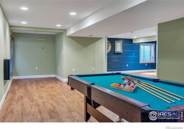 game room with wood finished floors, baseboards, electric panel, recessed lighting, and pool table