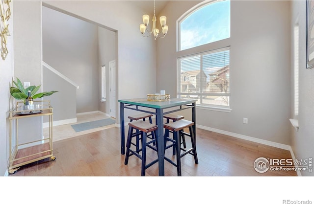 dining room with a chandelier, plenty of natural light, and wood finished floors