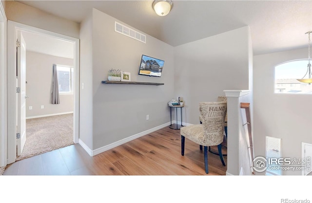 sitting room featuring visible vents, plenty of natural light, baseboards, and wood finished floors