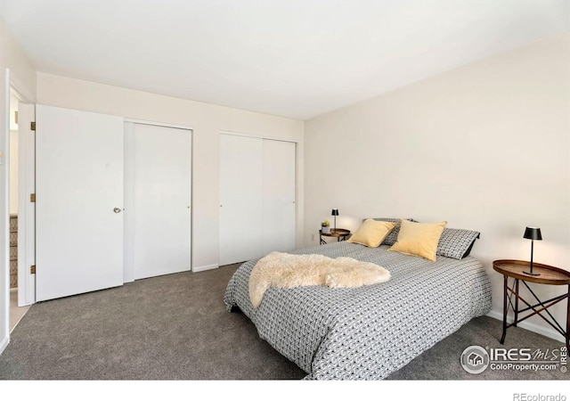 carpeted bedroom with two closets