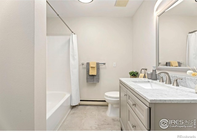 full bathroom with a baseboard radiator, toilet, shower / bath combo, and vanity