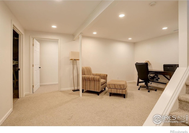 carpeted home office with recessed lighting and baseboards