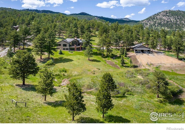 aerial view with a mountain view and a view of trees