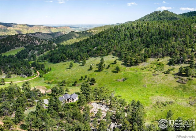 birds eye view of property with a forest view and a mountain view