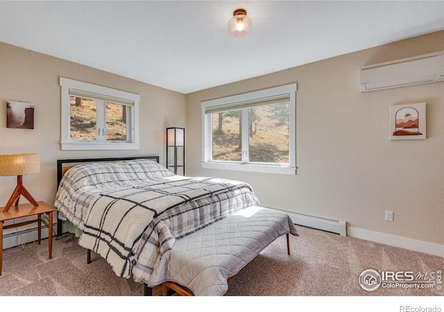 bedroom featuring a baseboard radiator, carpet floors, baseboards, and a wall mounted AC