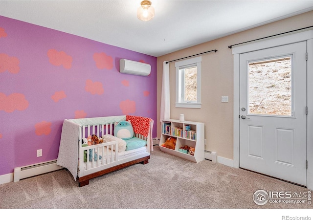 bedroom featuring baseboards, baseboard heating, an AC wall unit, and carpet