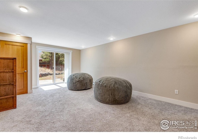 living area featuring baseboards and carpet flooring