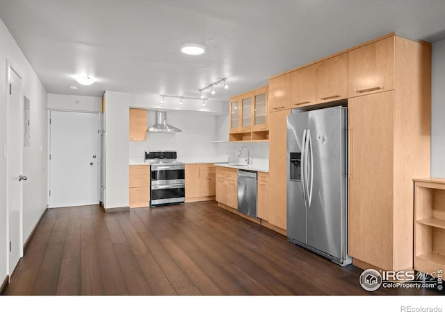 kitchen with dark wood-style floors, open shelves, light brown cabinetry, stainless steel appliances, and wall chimney exhaust hood