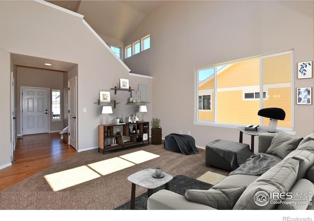 living area featuring wood finished floors, baseboards, a wealth of natural light, and high vaulted ceiling