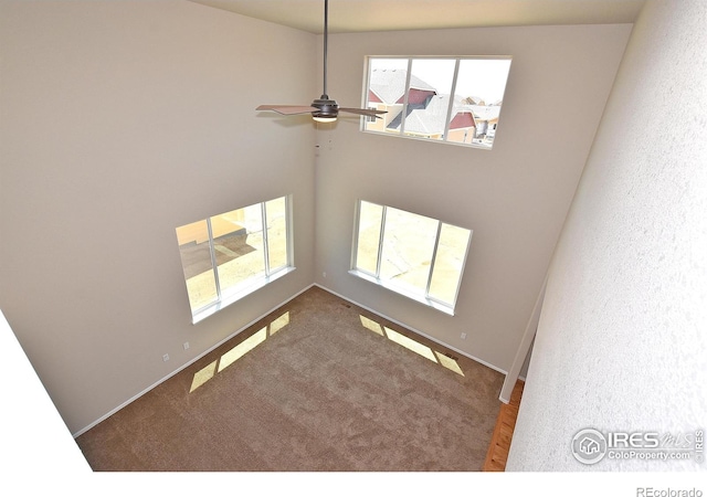 spare room with carpet flooring, baseboards, and a ceiling fan