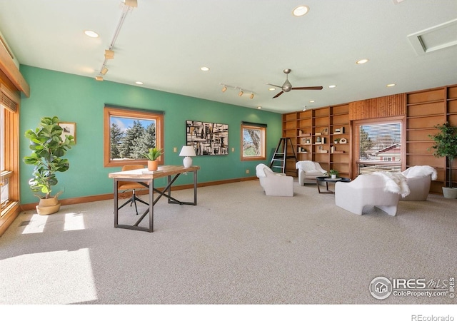 carpeted office with a ceiling fan, track lighting, recessed lighting, and baseboards