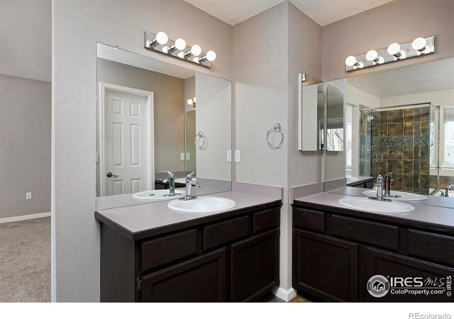 full bath featuring a sink, two vanities, and a shower stall