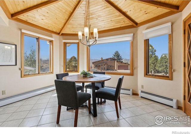 dining area with a baseboard heating unit, an inviting chandelier, light tile patterned floors, and wood ceiling