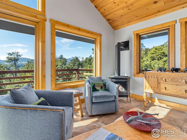 726 Alpine Dr, Estes Park, CO 80517 - living room with vaulted ceiling, a wood stove, wooden ceiling, stone tile floors, and a mountain view