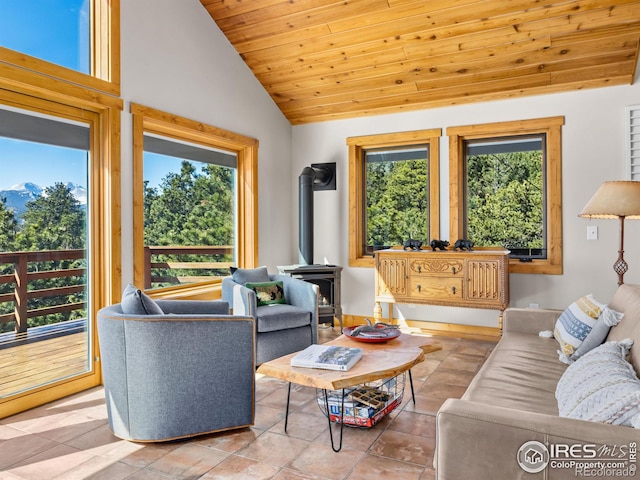 726 Alpine Dr, Estes Park, CO 80517 - tiled living room featuring a wood stove, lofted ceiling, healthy amount of natural light, and wooden ceiling
