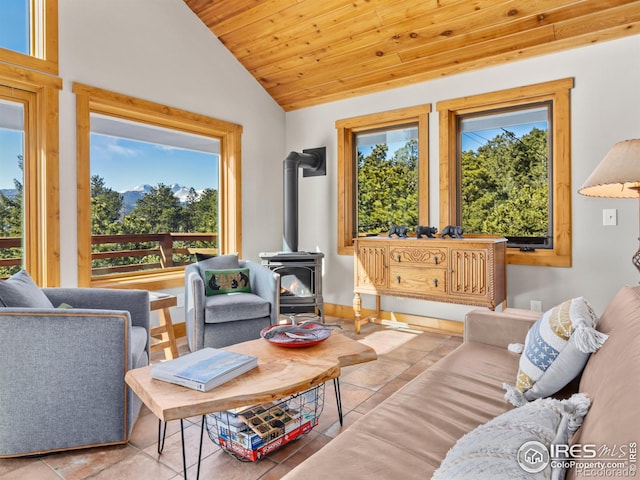 726 Alpine Dr, Estes Park, CO 80517 - tiled living room featuring plenty of natural light, a wood stove, vaulted ceiling, and wooden ceiling