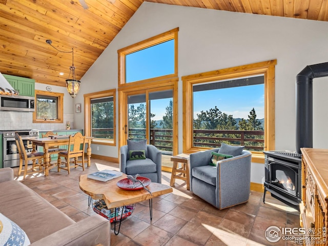 726 Alpine Dr, Estes Park, CO 80517 - living area featuring a wood stove, wood ceiling, and high vaulted ceiling