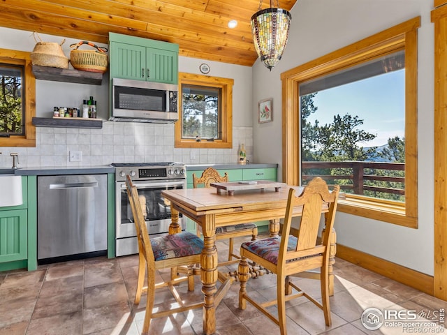 726 Alpine Dr, Estes Park, CO 80517 - dining room with wooden ceiling and a chandelier