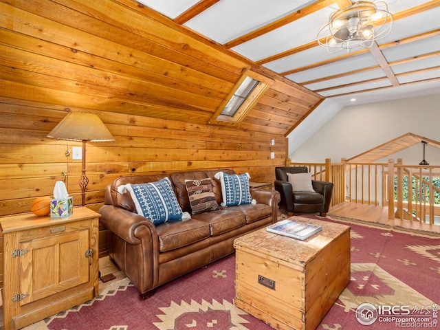 726 Alpine Dr, Estes Park, CO 80517 - carpeted living room with vaulted ceiling, wooden walls, and a ceiling fan