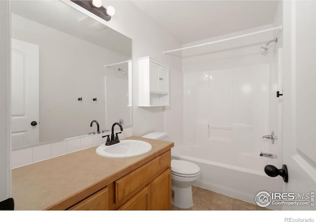 full bathroom with vanity, toilet, bathing tub / shower combination, and tile patterned flooring