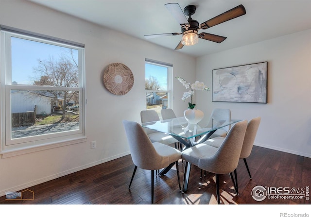 dining space featuring ceiling fan, baseboards, and wood finished floors