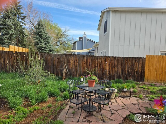 view of patio with a fenced backyard and outdoor dining space
