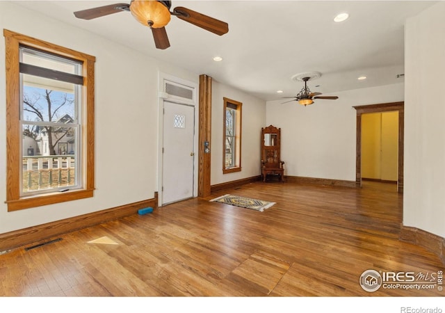 entrance foyer featuring visible vents, recessed lighting, ceiling fan, and wood finished floors