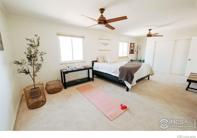 bedroom featuring crown molding, multiple windows, and carpet