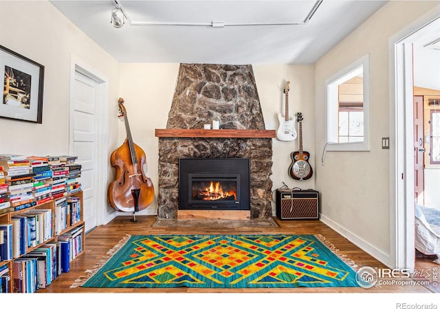 living area featuring a fireplace, baseboards, and wood finished floors