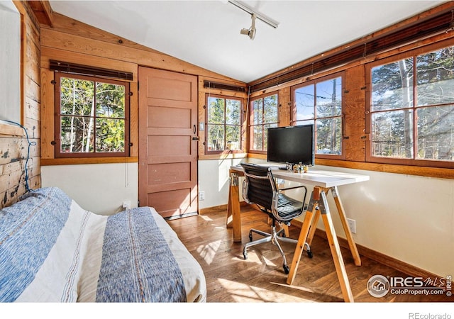 bedroom with baseboards, lofted ceiling, wood finished floors, and track lighting