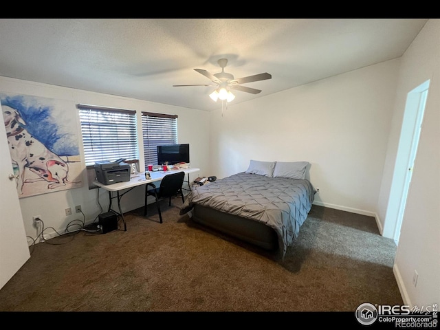 carpeted bedroom featuring a ceiling fan and baseboards