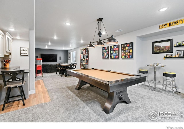 rec room with light wood-style flooring, billiards, recessed lighting, baseboards, and light colored carpet