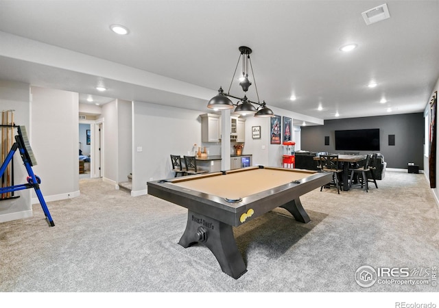 recreation room featuring light carpet, visible vents, recessed lighting, and billiards