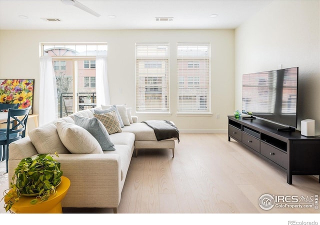 living area featuring visible vents, light wood-type flooring, and baseboards