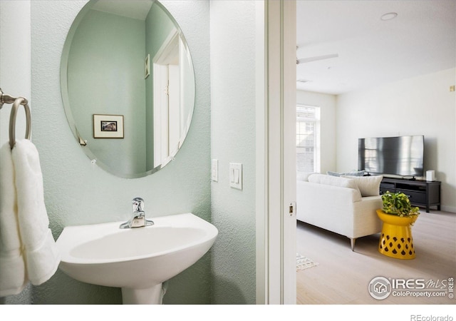 bathroom with wood finished floors and a sink