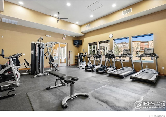 workout area with a healthy amount of sunlight, visible vents, and ceiling fan