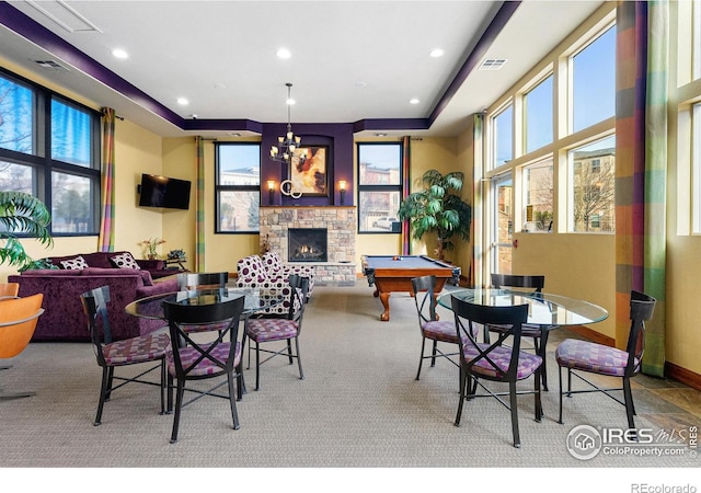 dining space with visible vents, recessed lighting, pool table, a fireplace, and baseboards