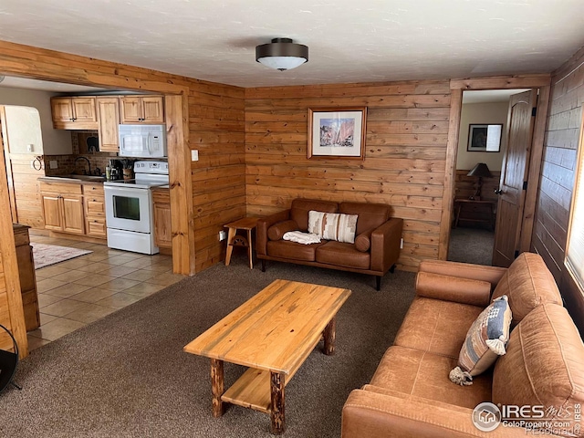 tiled living area with wooden walls, carpet, and a sink