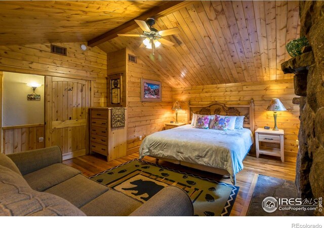 3501 Devils Gulch Rd, Estes Park, CO 80517 - bedroom featuring hardwood / wood-style flooring, wood walls, and wood ceiling