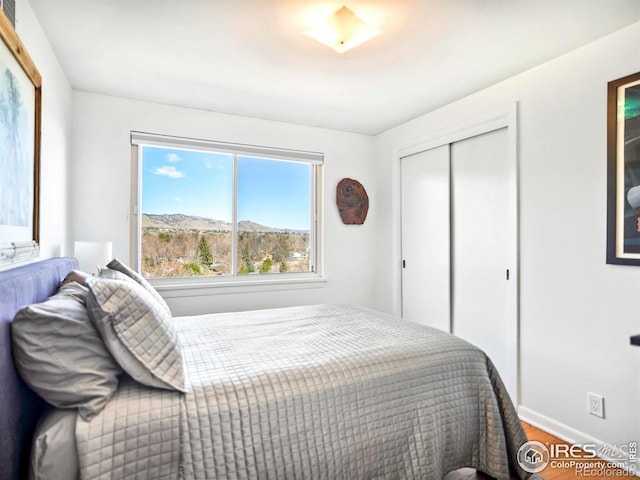 bedroom with a closet, baseboards, and wood finished floors