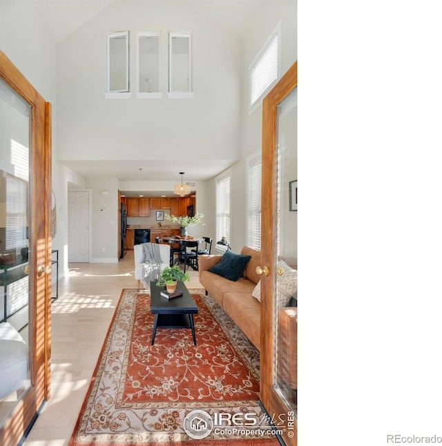 living room featuring a healthy amount of sunlight, a high ceiling, and light wood-style floors